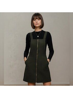 Zip Up Corduroy Overall Dress Green